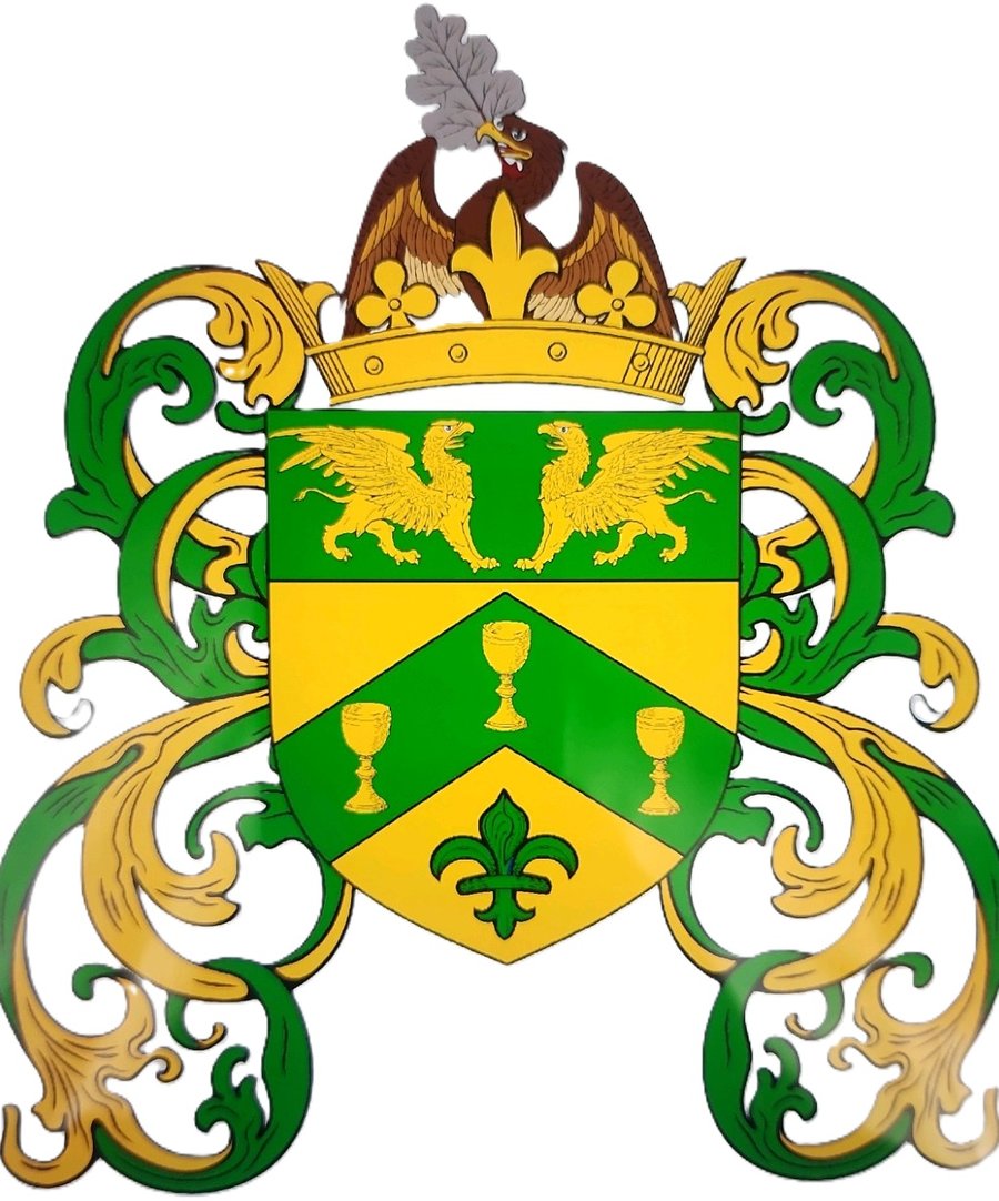 A commissioned coat of arms featuring two griffins, three chalices, and a fleur-de-lis