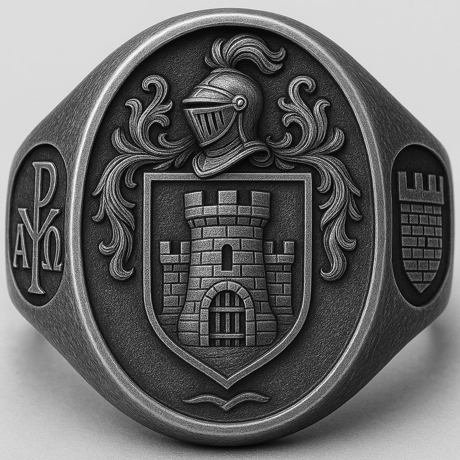 A silver signet ring engraved with a tower crest, knight's helm, and mantling