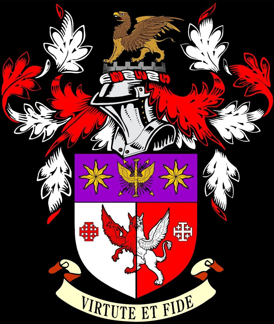 An illustrated coat of arms with the motto Virtute et Fide, featuring counter-changed griffins and Jerusalem crosses