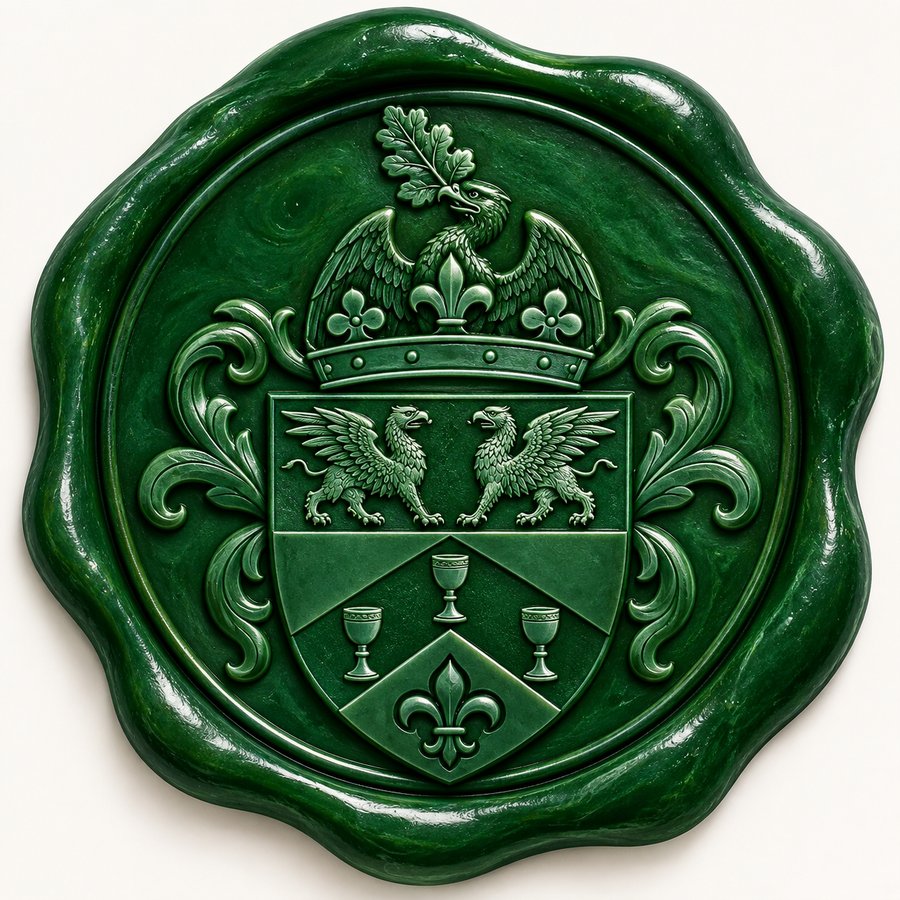 A green wax letter-seal impressed with a crest of two griffins above a shield bearing chalices and a fleur-de-lis