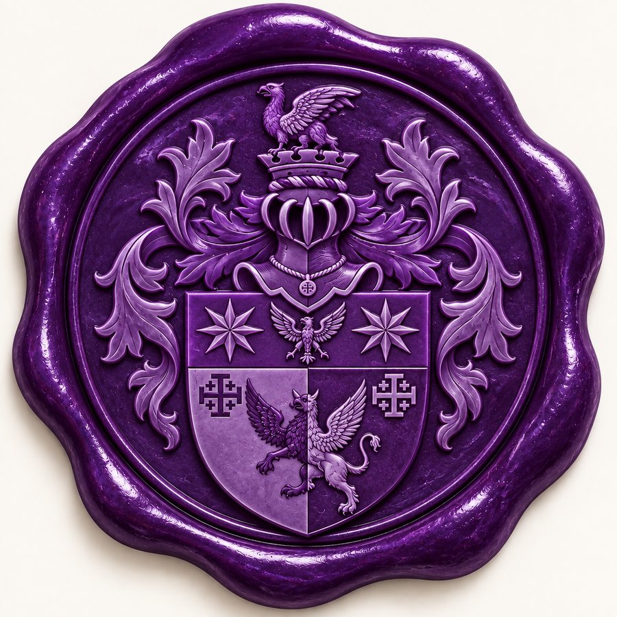 A purple wax letter-seal impressed with a full coat of arms — griffin crest, ornate mantling, and a shield with stars, crosses, and a griffin